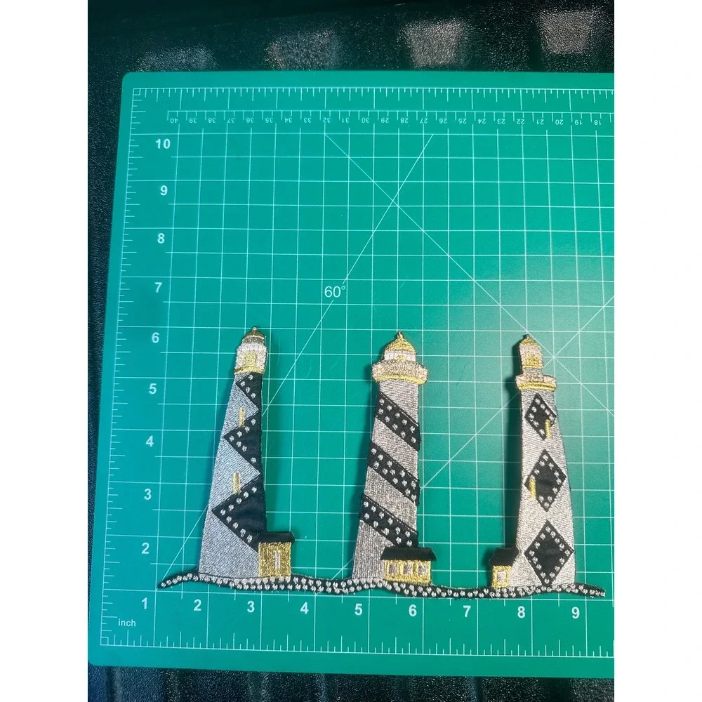 Lighthouse Trio iron On Patch Embroidered Silver Gold Black Coastalcore Nautical
